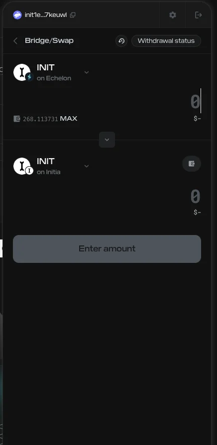Bridge/Swap screen moving INIT from Echelon to Initia