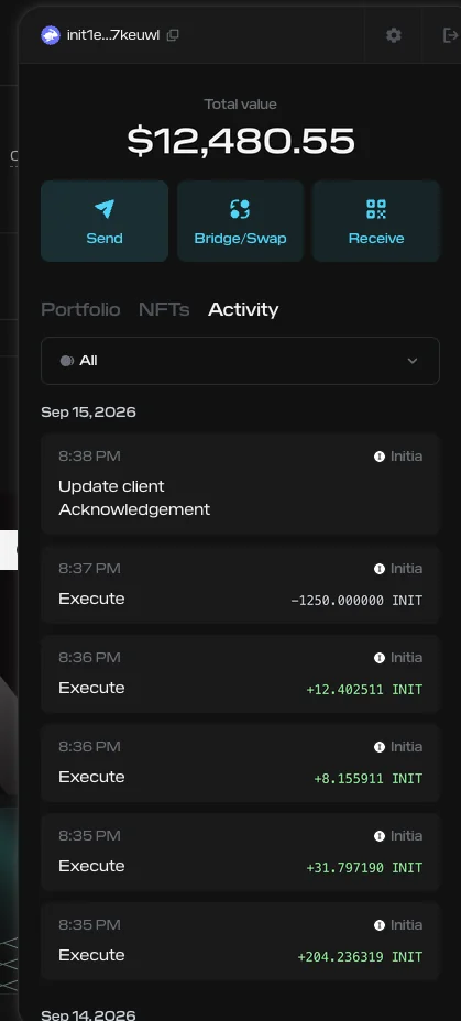 Activity feed of executed transactions with INIT amounts