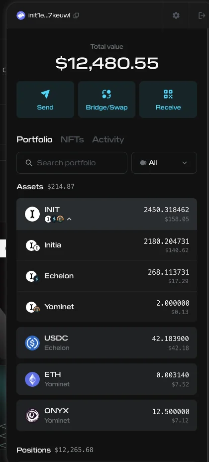 INIT balance expanded to show holdings on Initia, Echelon and Yominet