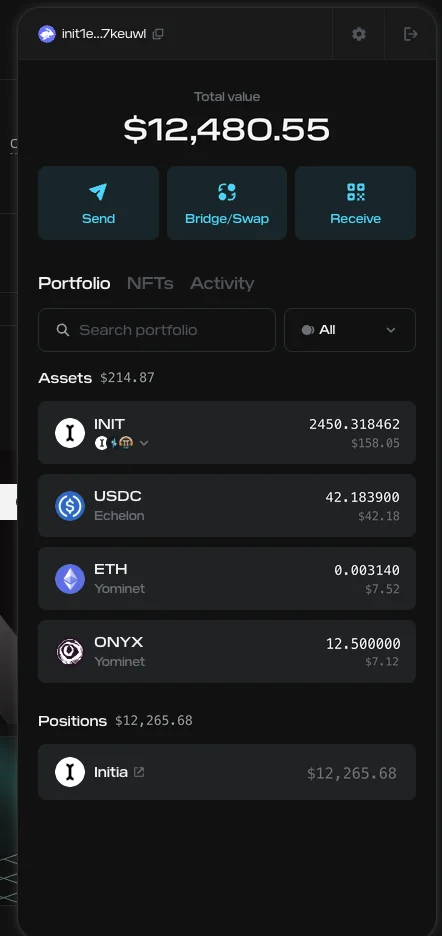 Initia wallet: total value, Send, Bridge/Swap and Receive actions, assets across Initia, Echelon and Yominet, and positions
