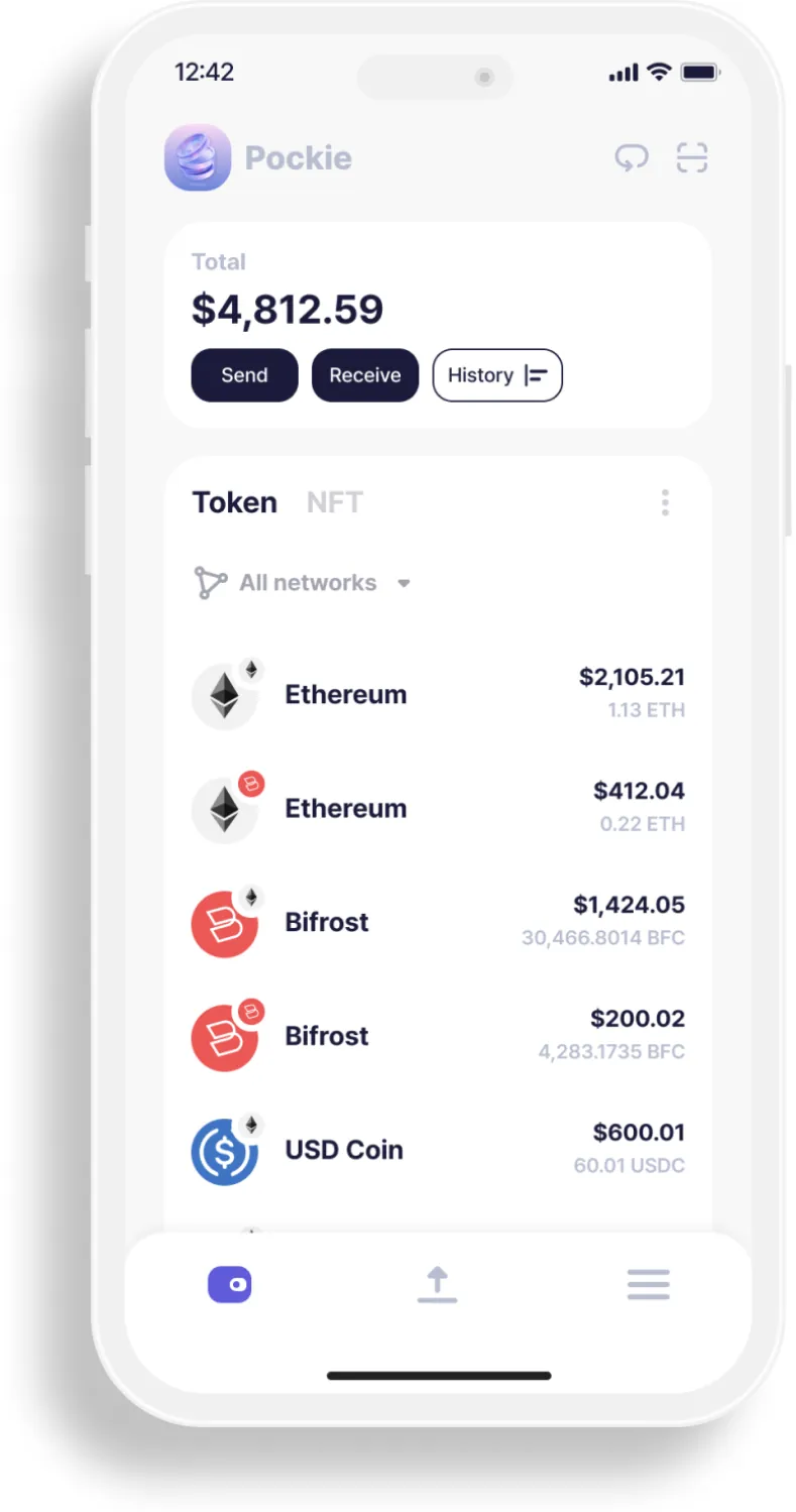 Pockie home: total balance with Send, Receive and History, and a token list across Ethereum and Bifrost