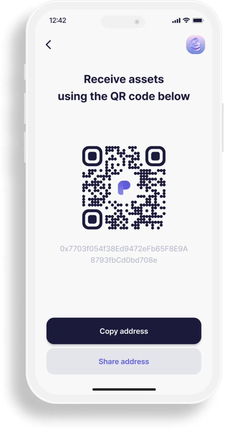 Receive screen with QR code and copy or share address