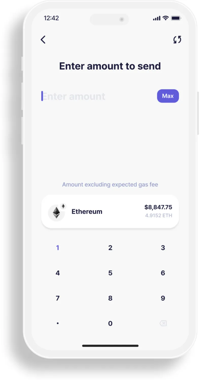 Enter amount to send screen with keypad and gas-fee note