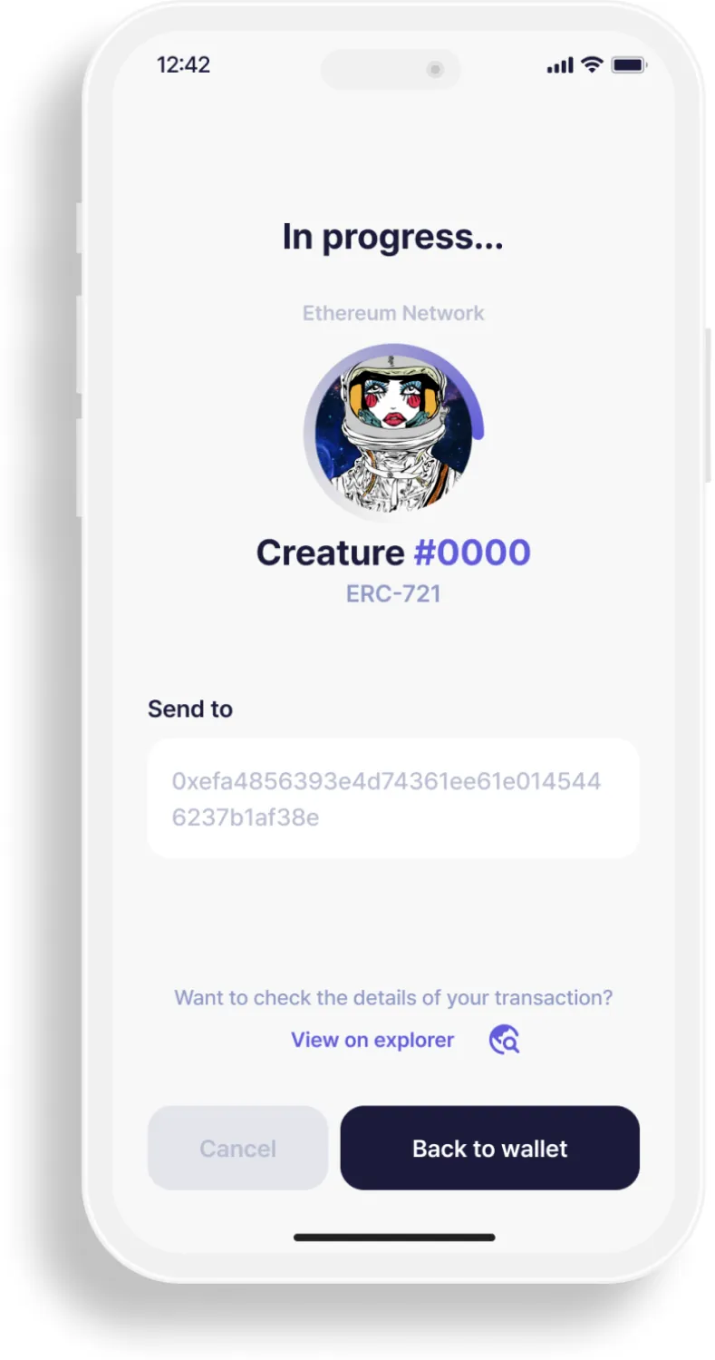 NFT transfer in progress with recipient address and explorer link